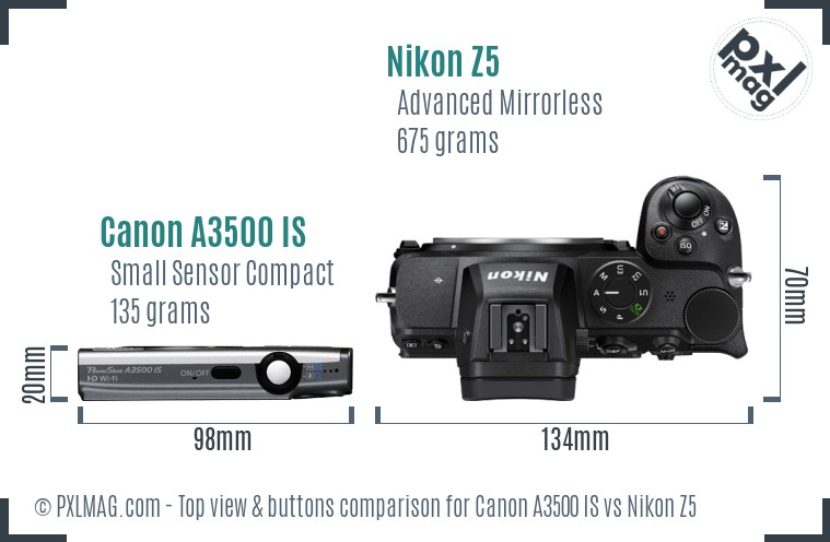 Canon A3500 IS vs Nikon Z5 top view buttons comparison