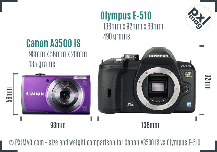 Canon A3500 IS vs Olympus E-510 size comparison