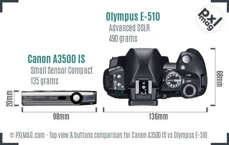 Canon A3500 IS vs Olympus E-510 top view buttons comparison