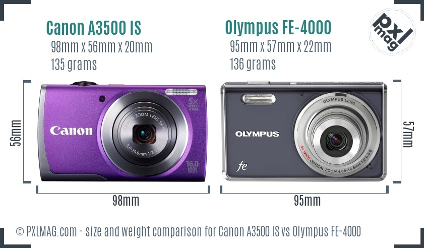 Canon A3500 IS vs Olympus FE-4000 size comparison Canon A3500 IS vs Olympus FE-4000 size comparison