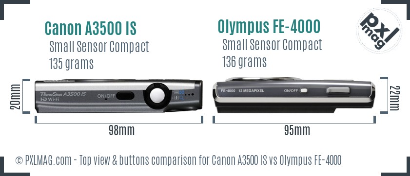 Canon A3500 IS vs Olympus FE-4000 top view buttons comparison
