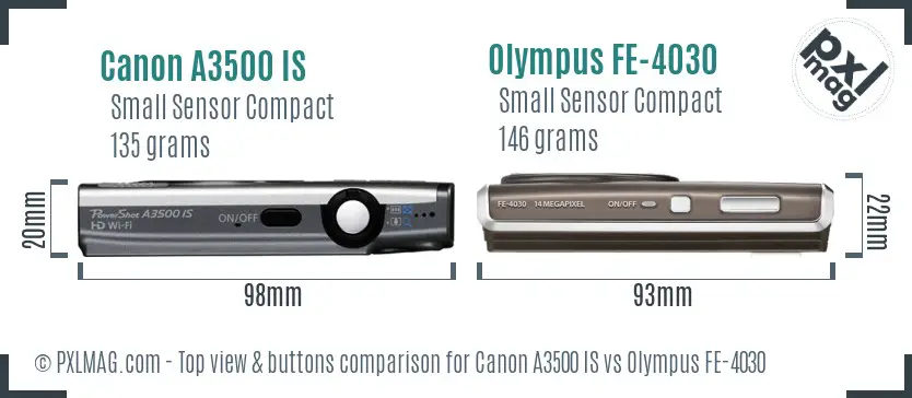 Canon A3500 IS vs Olympus FE-4030 top view buttons comparison Canon A3500 IS vs Olympus FE-4030 top view buttons comparison