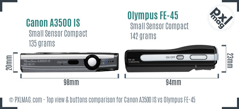 Canon A3500 IS vs Olympus FE-45 top view buttons comparison