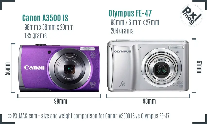 Canon A3500 IS vs Olympus FE-47 size comparison