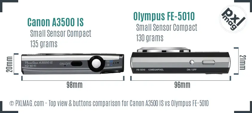 Canon A3500 IS vs Olympus FE-5010 top view buttons comparison Canon A3500 IS vs Olympus FE-5010 top view buttons comparison