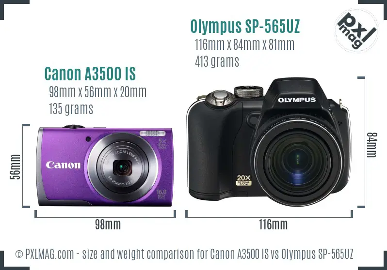 Canon A3500 IS vs Olympus SP-565UZ size comparison Canon A3500 IS vs Olympus SP-565UZ size comparison