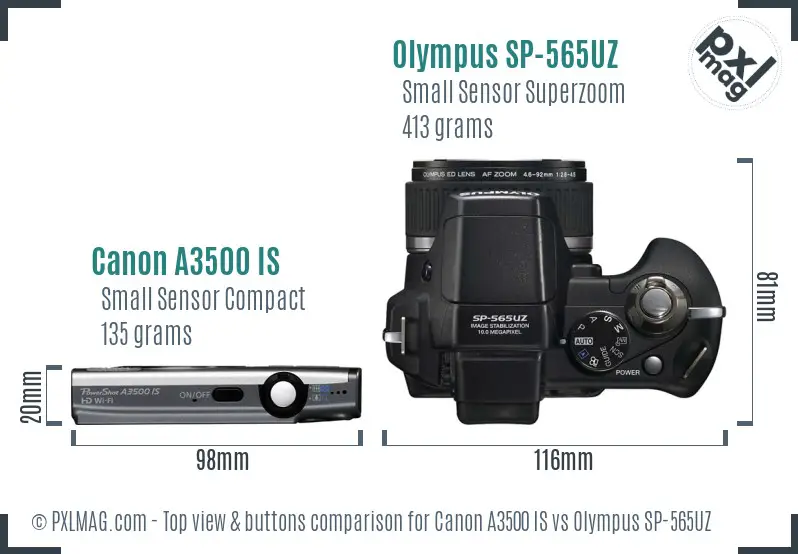 Canon A3500 IS vs Olympus SP-565UZ top view buttons comparison