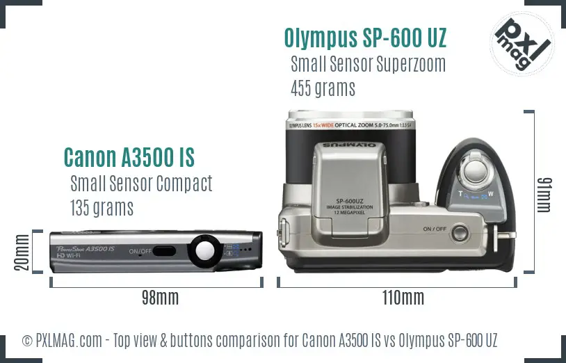 Canon A3500 IS vs Olympus SP-600 UZ top view buttons comparison