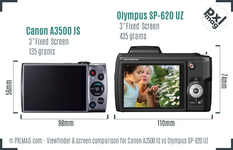 Canon A3500 IS vs Olympus SP-620 UZ Screen and Viewfinder comparison