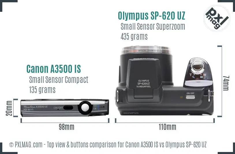 Canon A3500 IS vs Olympus SP-620 UZ top view buttons comparison