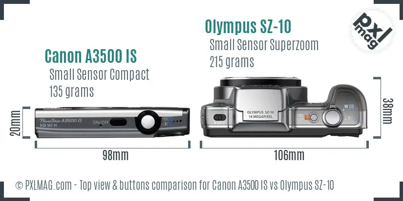 Canon A3500 IS vs Olympus SZ-10 top view buttons comparison Canon A3500 IS vs Olympus SZ-10 top view buttons comparison