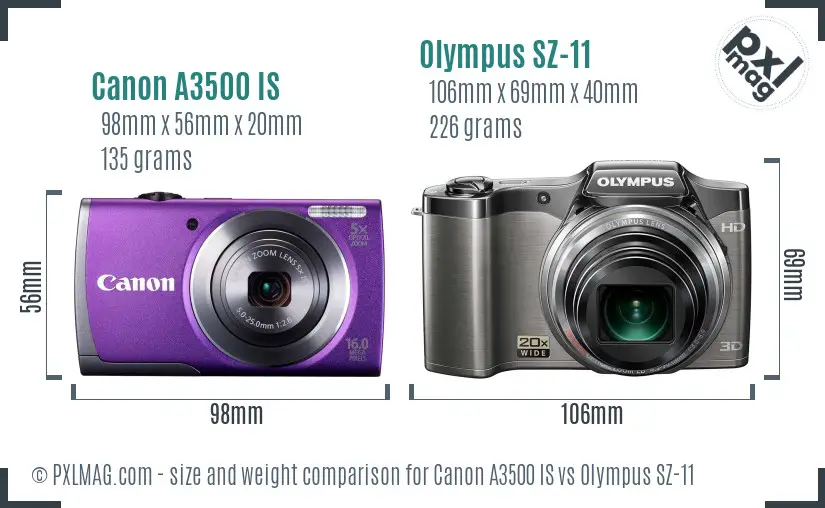 Canon A3500 IS vs Olympus SZ-11 size comparison