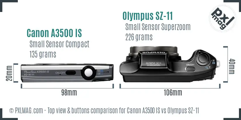 Canon A3500 IS vs Olympus SZ-11 top view buttons comparison