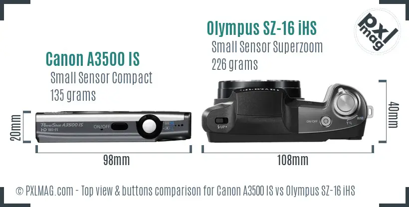 Canon A3500 IS vs Olympus SZ-16 iHS top view buttons comparison