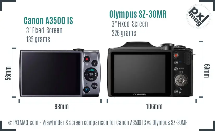 Canon A3500 IS vs Olympus SZ-30MR Screen and Viewfinder comparison