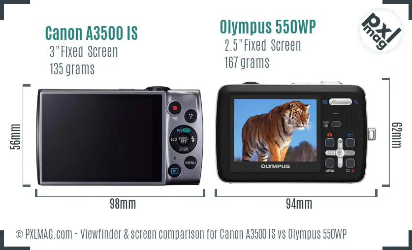 Canon A3500 IS vs Olympus 550WP Screen and Viewfinder comparison