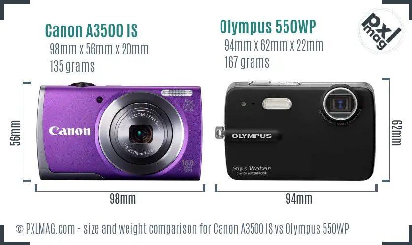 Canon A3500 IS vs Olympus 550WP size comparison