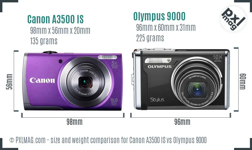 Canon A3500 IS vs Olympus 9000 size comparison