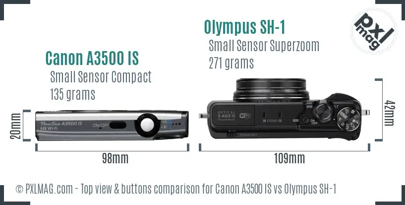 Canon A3500 IS vs Olympus SH-1 top view buttons comparison Canon A3500 IS vs Olympus SH-1 top view buttons comparison