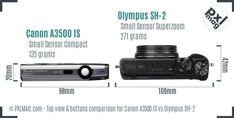 Canon A3500 IS vs Olympus SH-2 top view buttons comparison
