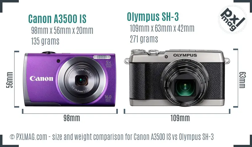 Canon A3500 IS vs Olympus SH-3 size comparison