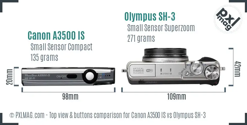 Canon A3500 IS vs Olympus SH-3 top view buttons comparison