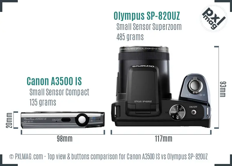 Canon A3500 IS vs Olympus SP-820UZ top view buttons comparison