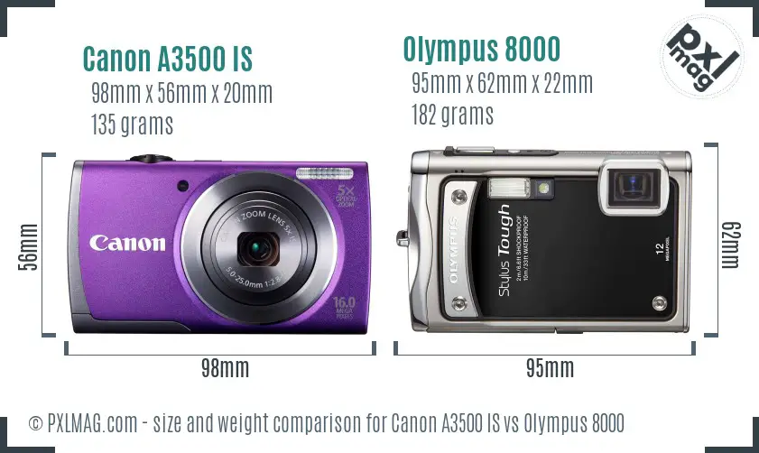 Canon A3500 IS vs Olympus 8000 size comparison