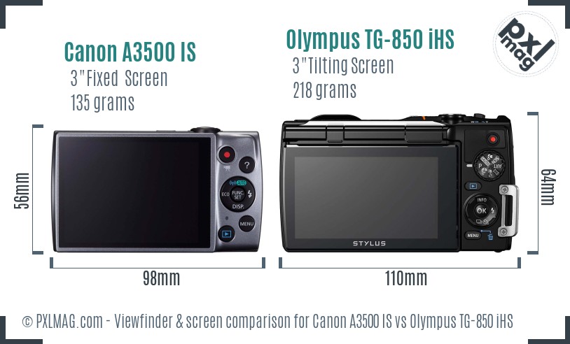 Canon A3500 IS vs Olympus TG-850 iHS Screen and Viewfinder comparison