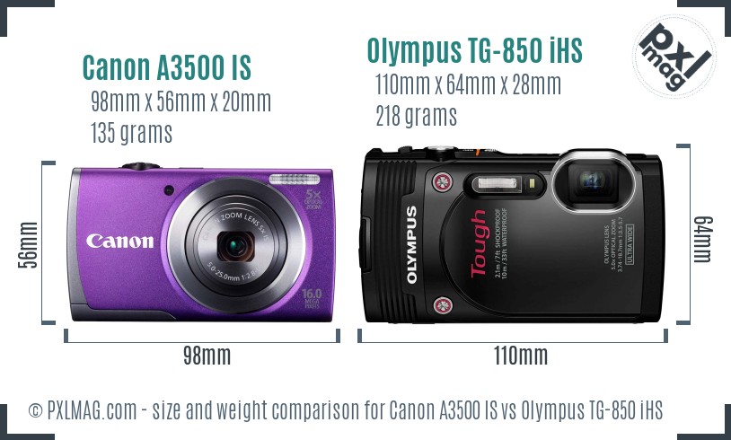Canon A3500 IS vs Olympus TG-850 iHS size comparison