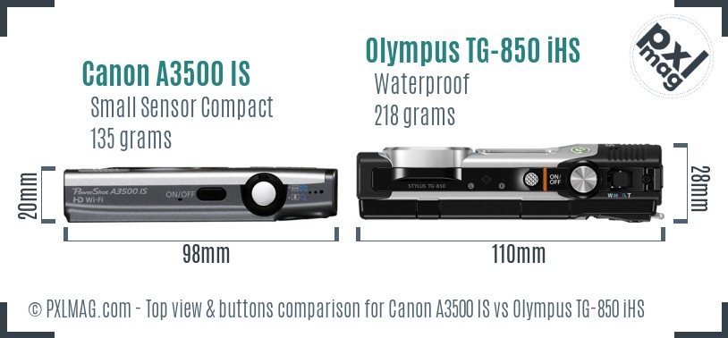 Canon A3500 IS vs Olympus TG-850 iHS top view buttons comparison