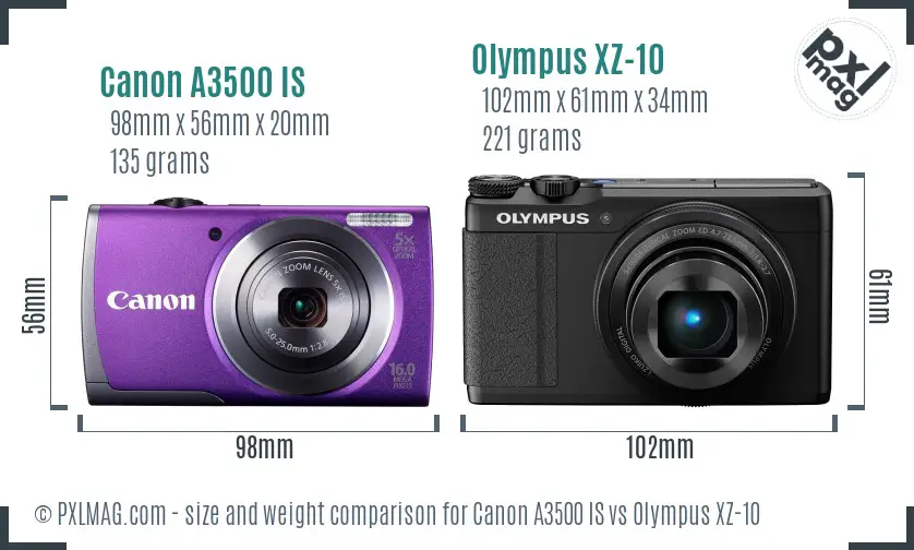 Canon A3500 IS vs Olympus XZ-10 size comparison