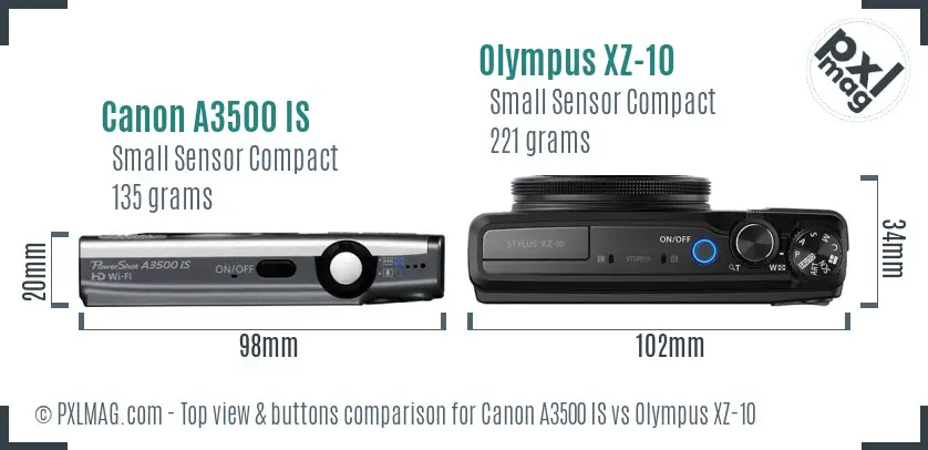 Canon A3500 IS vs Olympus XZ-10 top view buttons comparison