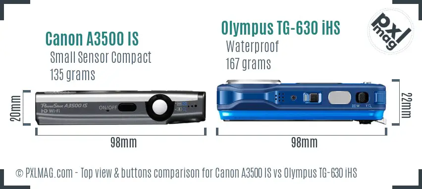 Canon A3500 IS vs Olympus TG-630 iHS top view buttons comparison