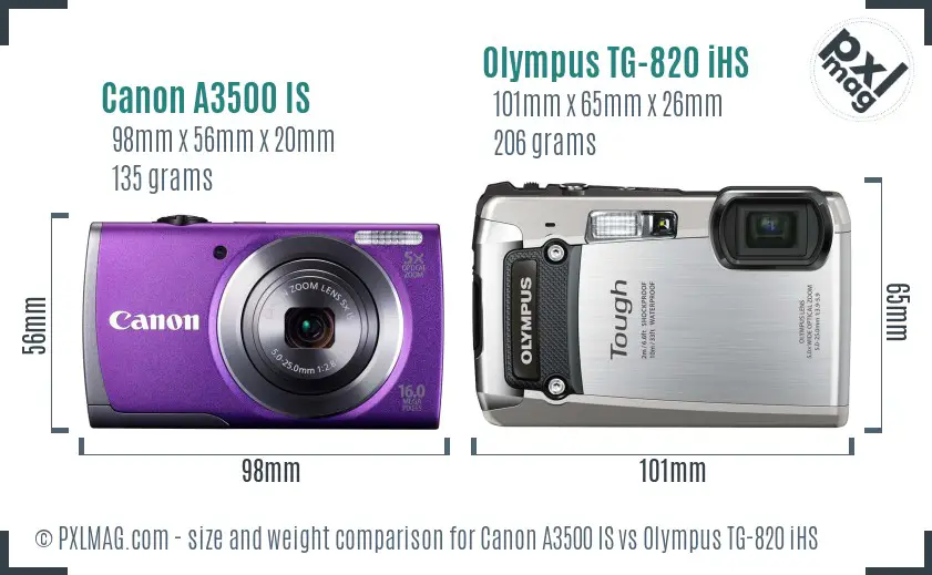 Canon A3500 IS vs Olympus TG-820 iHS size comparison