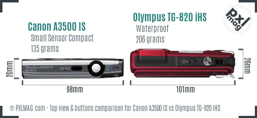 Canon A3500 IS vs Olympus TG-820 iHS top view buttons comparison