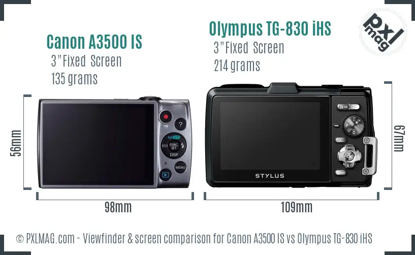 Canon A3500 IS vs Olympus TG-830 iHS Screen and Viewfinder comparison