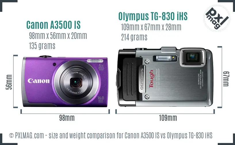 Canon A3500 IS vs Olympus TG-830 iHS size comparison