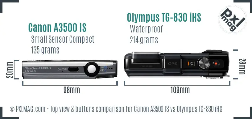 Canon A3500 IS vs Olympus TG-830 iHS top view buttons comparison