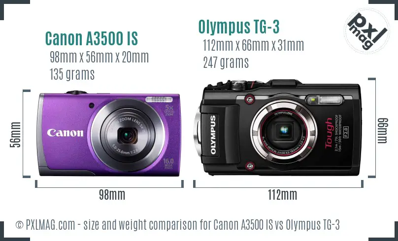 Canon A3500 IS vs Olympus TG-3 size comparison