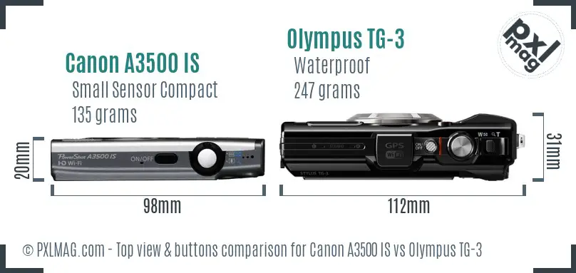 Canon A3500 IS vs Olympus TG-3 top view buttons comparison