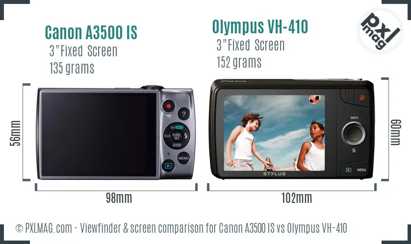 Canon A3500 IS vs Olympus VH-410 Screen and Viewfinder comparison