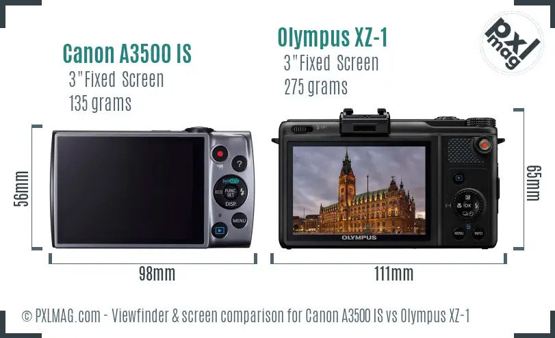 Canon A3500 IS vs Olympus XZ-1 Screen and Viewfinder comparison