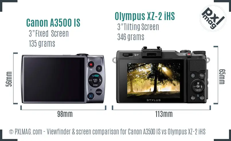 Canon A3500 IS vs Olympus XZ-2 iHS Screen and Viewfinder comparison