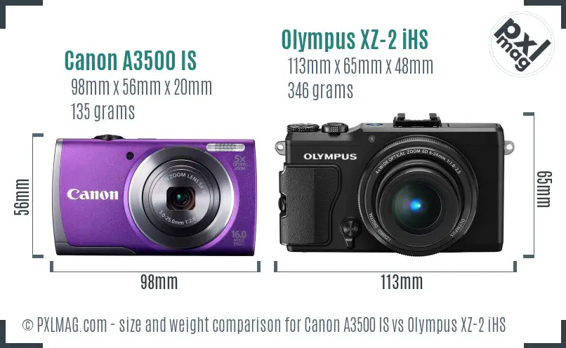 Canon A3500 IS vs Olympus XZ-2 iHS size comparison