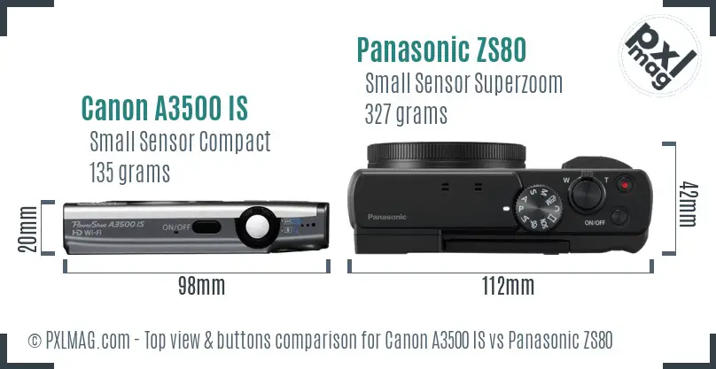 Canon A3500 IS vs Panasonic ZS80 top view buttons comparison Canon A3500 IS vs Panasonic ZS80 top view buttons comparison