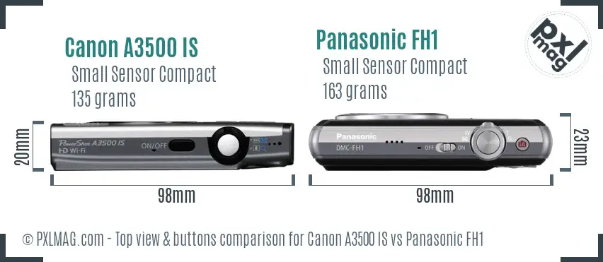 Canon A3500 IS vs Panasonic FH1 top view buttons comparison Canon A3500 IS vs Panasonic FH1 top view buttons comparison