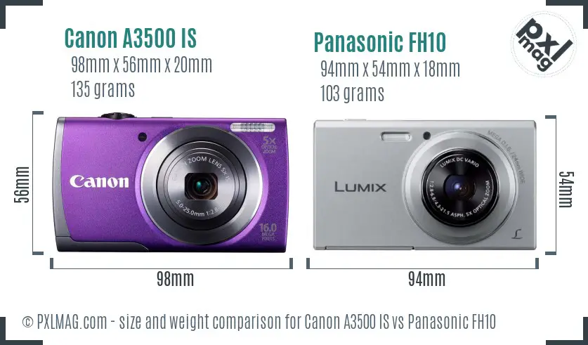 Canon A3500 IS vs Panasonic FH10 size comparison