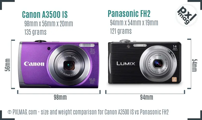 Canon A3500 IS vs Panasonic FH2 size comparison