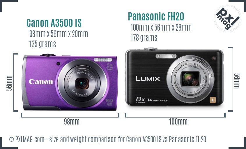 Canon A3500 IS vs Panasonic FH20 size comparison